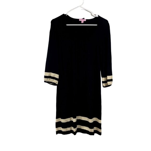Lilly Pulitzer Size Small 100% Merino Wool Black Dress Cream Stripes - Picture 1 of 7
